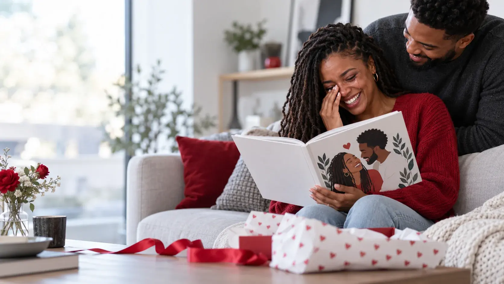 A woman laughs through happy tears reading a personalised book her partner made, with the two of them illustrated on the cover